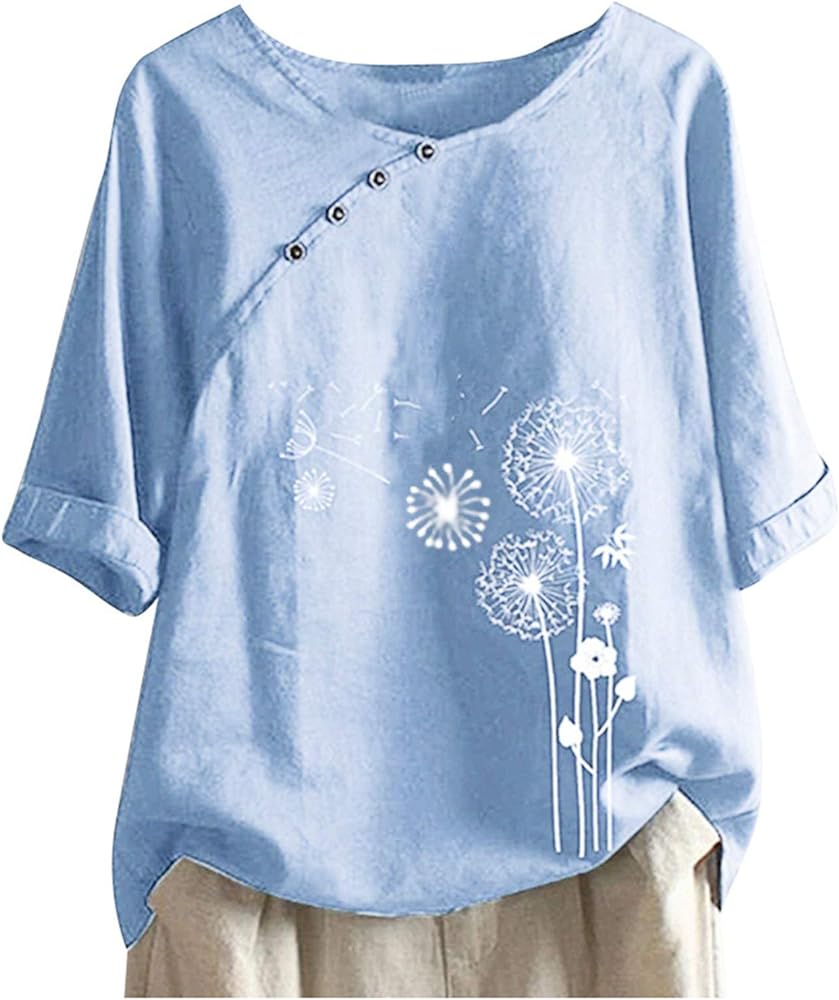 DASAYO Linen Button Down Shirt Women Round Neck Dandelion Print Half Sleeve Tops Blouse Loose Trendy Going Out Shirts Top