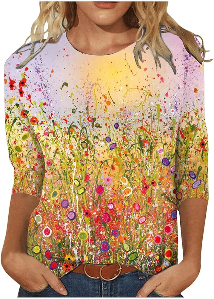 SMIDOW Long Sleeve Graphic Tees for Women Trendy 2023 Spring Pullover Tops Bohemian Floral Spring Basic t Shirt Blouse Casual