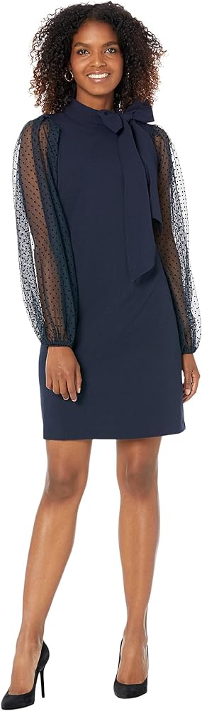 Vince Camuto Bow Neck Shift Dress with Flock Mesh Dot Sleeves
