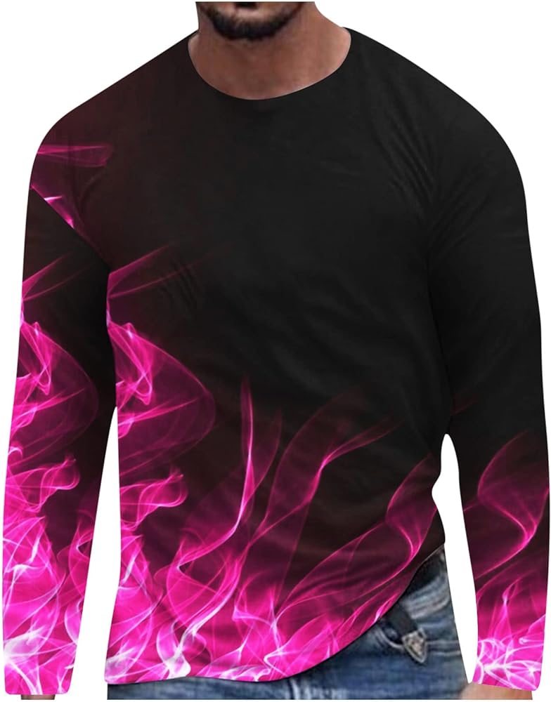 Men Long Sleeve Trendy Tee Shirts 3D Flame Print Graphic Shirt Crewneck Casual Loose Fit Pullover Tops