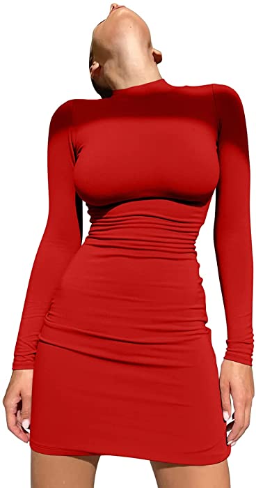 GOBLES Women's Casual High Neck Long Sleeve Zipper Closure Bodycon Mini Club Dress