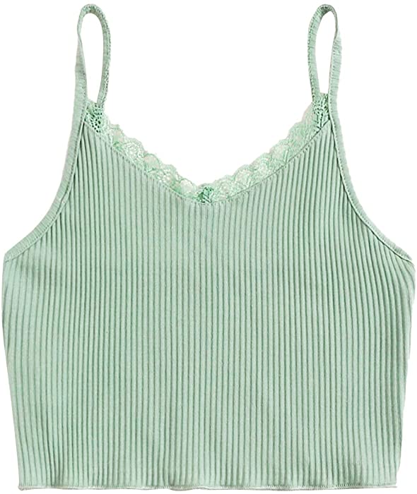 Verdusa Women's Contrast Lace Spaghetti Strap Ribbed Knit Crop Cami Top