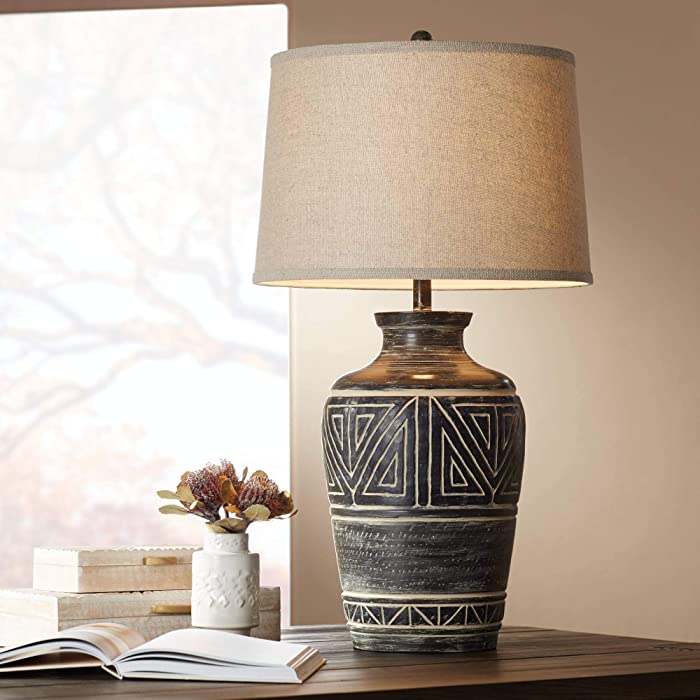 Miguel Rustic Southwestern Style Table Lamp 32" Tall Earth Tone Jar Linen Fabric Drum Shade Decor for Living Room Bedroom House Bedside Nightstand Home Office Entryway Reading - John Timberland