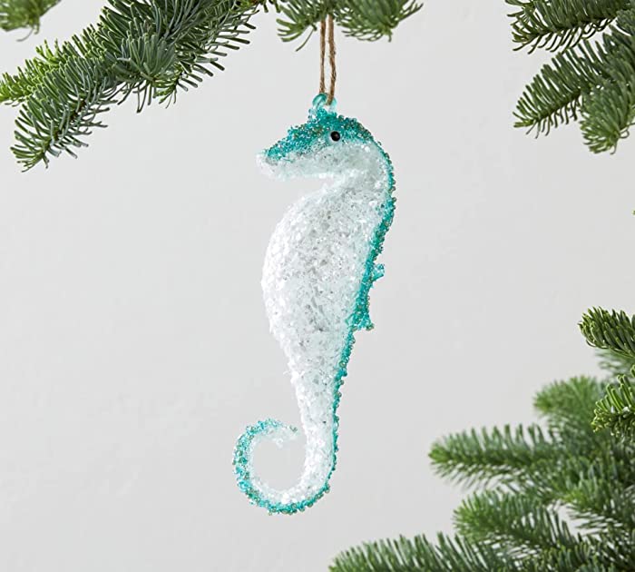 Blue Seahorse Whimsical Coastal Glass Christmas Ornament - 1 Each - Pottery Barn