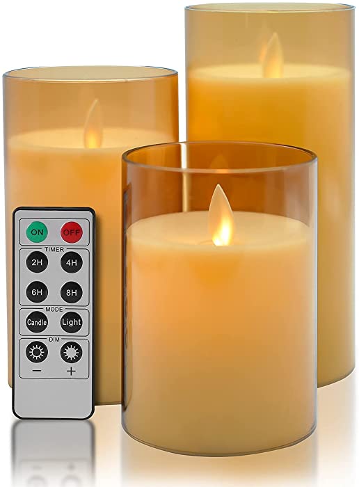 Aignis Flameless Candles Flickering with Remote, Battery Operated Candles Pack of 3 with Timer, Plexiglass LED Candles for Home Table Decor(D: 3"x H: 4"5"6") (Dark Brown)