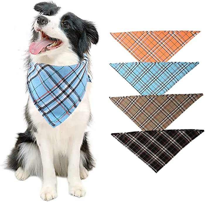 Dog Bandanas 4 Pack Classic Square Plaid Printing, Pet Scarf Triangle Bibs Kerchief Scarf for Small Medium Large Dogs Cats Pets,Birthday Gift,Washable,Double Reversible