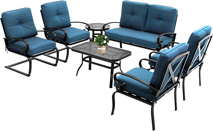 Oakmont 7Pcs Outdoor Metal Furniture Sets Patio Conversation Set Loveseat, 2 Single Chairs with Side Table, 2 Spring Chairs with Coffee Table, Wrought Iron Look (Peacock Blue)
