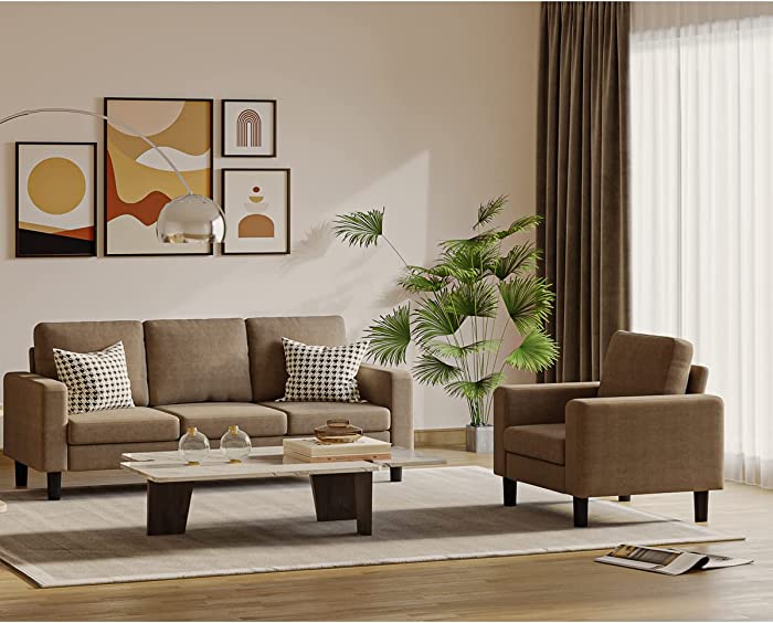 Luckycloud Living Room Sofa Set 2 Piece Modular Sectional Sofa Couch Set, 3 Seat Sofa + Single Arm Chair (Brown)