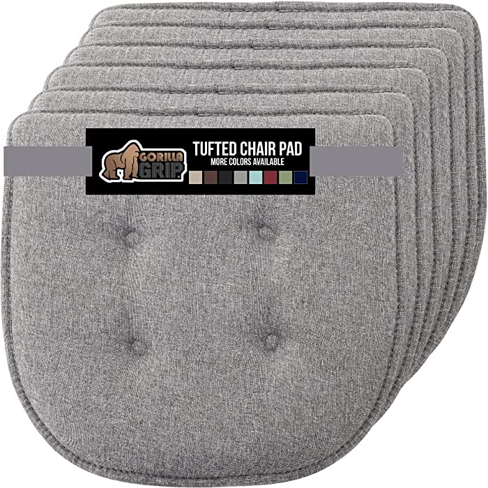 Gorilla Grip Extra Thick Tufted Chair Pad Memory Foam Cushions, Pack of 6 Comfortable Seat Cushion, Durable Slip Resistant, Dining Room Chairs, Office, Kitchen, Large 16x17 Inch, Gray