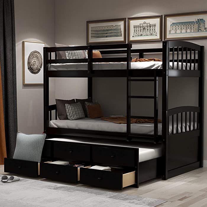 Harper&Bright Designs Twin Over Twin Bunk Bed with Safety Rail, Ladder, Twin Trundle Bed with 3 Drawers for Bedroom, Guest Room Furniture, Dark Espresso