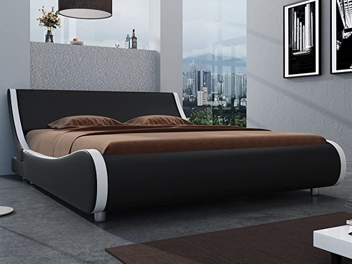 SHA CERLIN King Size Platform Bed, Faux Leather Low Profile Sleigh Bed Frame with Adjustable Headboard, Wood Slat Support, Black & White