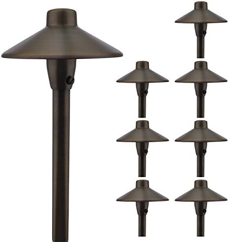 MarsLG BRS1 ETL-Listed Solid Brass Low Voltage Landscape Accent Path and Area Light with 6.5" Shade and 18" Stem in Antique Brass Finish, Ground Spike and Free G4 LED Bulb (8-Pack), 36PL01BSx8