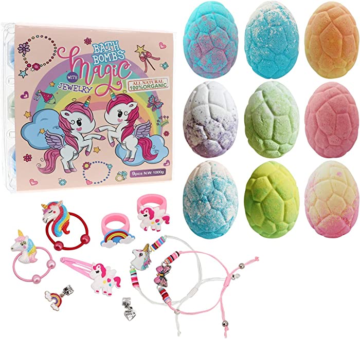 Unicorn Bath Bombs Gift Set with Jewelry Inside, 9 Pack Organic Kids Bath Bombs with Surprise Inside, Magic Unicorn Bath Bombs with Jewelry for Girls