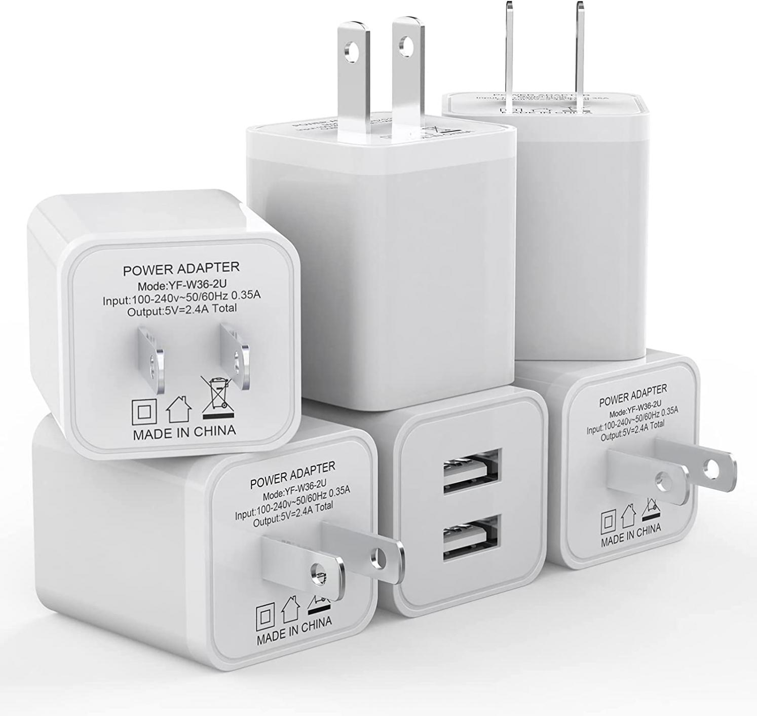 6Pack USB Wall Charger, iGENJUN 2.4A Phone Charger Dual USB Port Cube Power Plug Adapter Fast Wall Charger Block Compatible with iPhone 14/14 Pro/13/13 Pro, Samsung Galaxy, Pixel, LG, Android-White