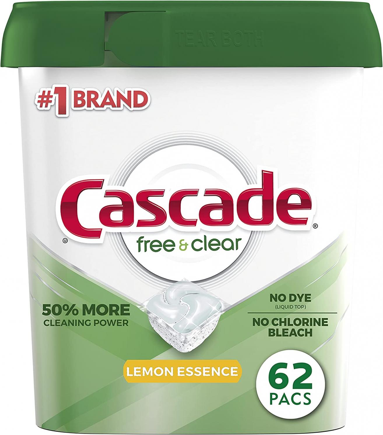 Cascade Free & Clear Dishwasher Pods, Actionpacs Detergent, Lemon Essence, 62 Count