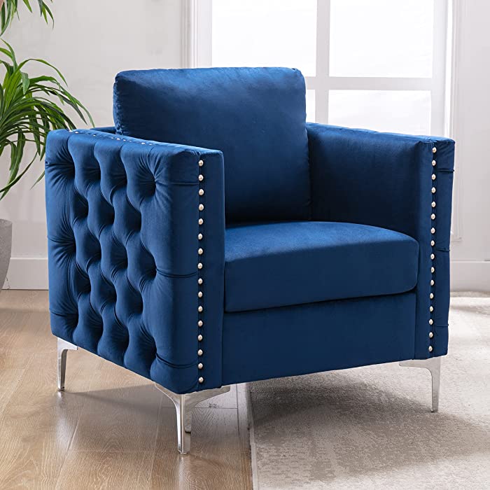 Modern Velvet Armchair, Harper & Bright Designs Tufted Button Accent Chair Club Chair with Steel Legs for Living Room Bedroom, Navy