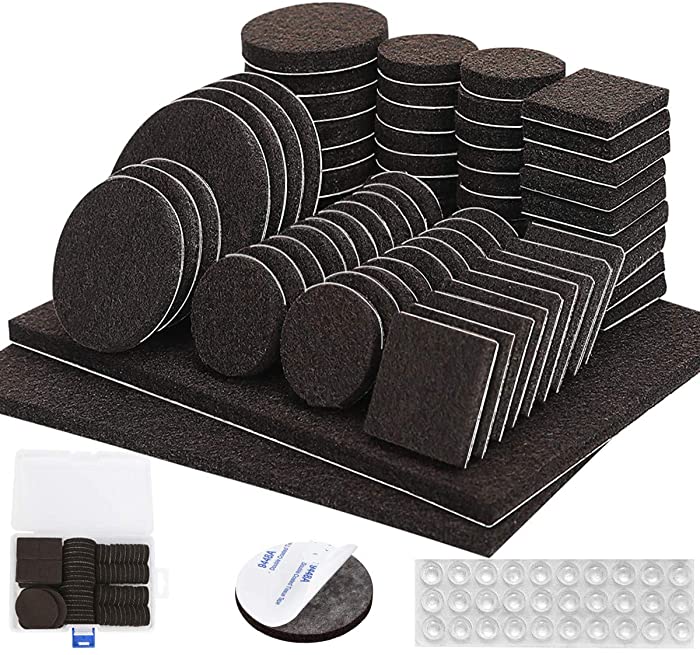 Furniture Pads 136 Pieces Pack Self Adhesive Felt Pad Brown Felt Furniture Pads 5mm Thick Anti Scratch Floor Protectors for Chair Legs Feet with Case and 30 Rubber Bumpers for Hardwood Tile Wood Floor