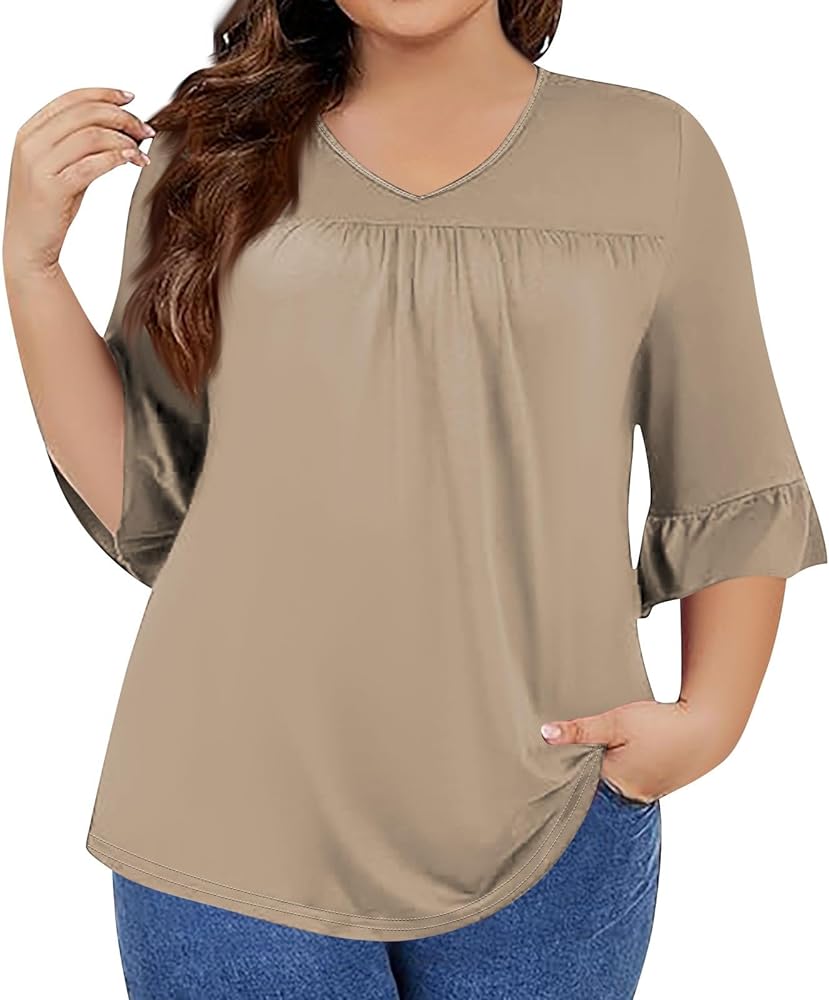 Womens Plus Size Summer Tops,Casual Solid Color Printed V Neck Pleated Seven Sleeve Ruffle T-Shirt Plus Shirt, XL, 5XL