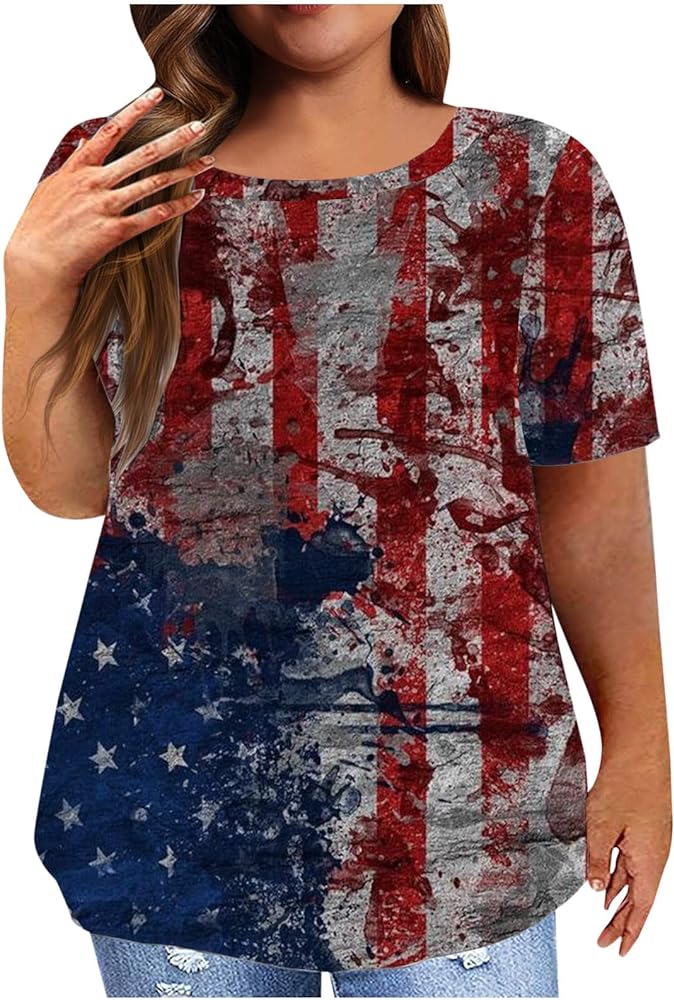 DASAYO Womens Plus Size Tops Vintage American Flag Short Sleeve Tshirts Blouse Stars Stripes Print Patriotic USA Shirt Top