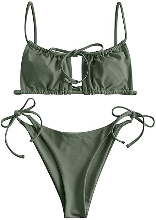 ZAFUL Womens 2 Pieces Bandeau Bikini Set Ruffle Lace up Padded Swimsuits