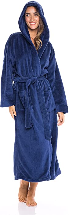 Alexander Del Rossa Women’s Robe, Plush Fleece Hooded Bathrobe with Two Large Front Pockets