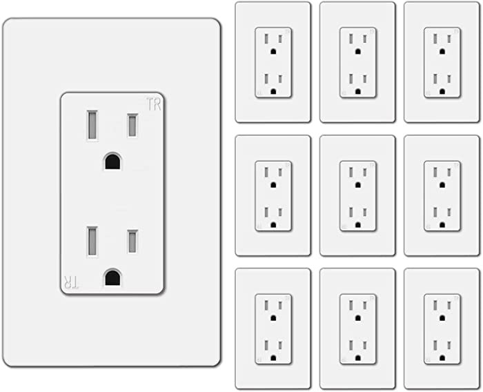 [10 Pack] BESTTEN 15 Amp Decorator Receptacle Outlet with Tamper Resistant, Screwless Wallplate Included, 110V/15A, for Commercial and Residential Use, UL Listed, White