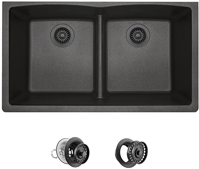 MR Direct 812-BL-CSTFL Black Undermount Granite Composite 33 in. Double Bowl Kitchen Sink Matching Strainer and Flange, 1 1