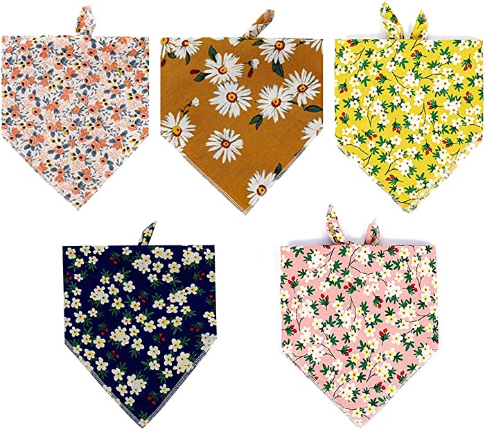 Dog Bandanas 5 Pack Pet Scarf Triangle Bibs Kerchief Scarf for Small Medium Large Dogs Cats Pets,Floral Flower Daisy Printing,Washable Adjustable,Birthday Gift (Medium)