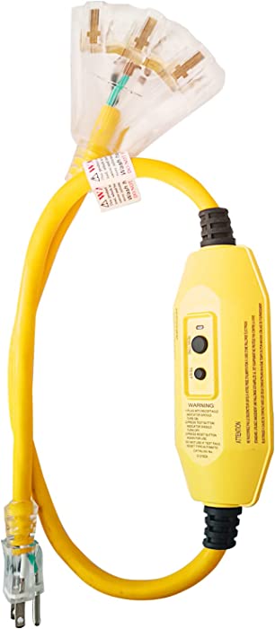 EP 3 Ft Lighted GFCI Extension Cord with 3 Electrical Power Outlets - 12/3 SJTW Heavy Duty Yellow Pigtail Extension Cable with 3 Prong Grounded Plug for Safety, UL Listed