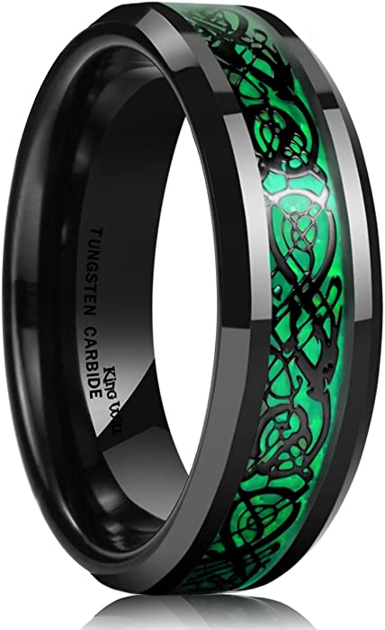 King Will Dragon Men's 8mm/6mm/5mm Red/Green Carbon Fiber Black Celtic Dragon Tungsten Carbide Ring Comfort Fit Wedding Band