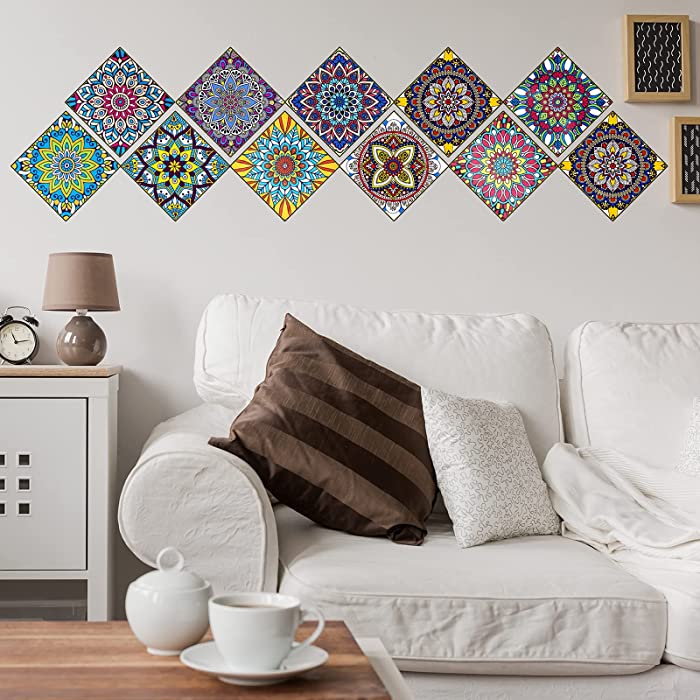 Mandala Style Decorative Tile Stickers, Peel and Stick Self Adhesive Removable Moroccan Tiles for Home Decor Furniture Decor Staircase Backsplash Tile Stickers, 6 x 6 Inch (Charming Style, 15)