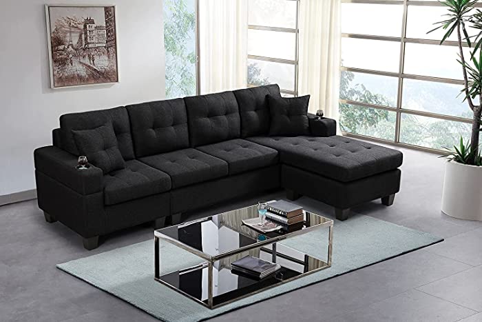 UNIROI 4 Seater Sectional Sofa with Reversible Left/Right Chaise Lounge and 2 Cup Holders, L-Shaped Couch for Home Apartment Living Room Furniture Set, Black