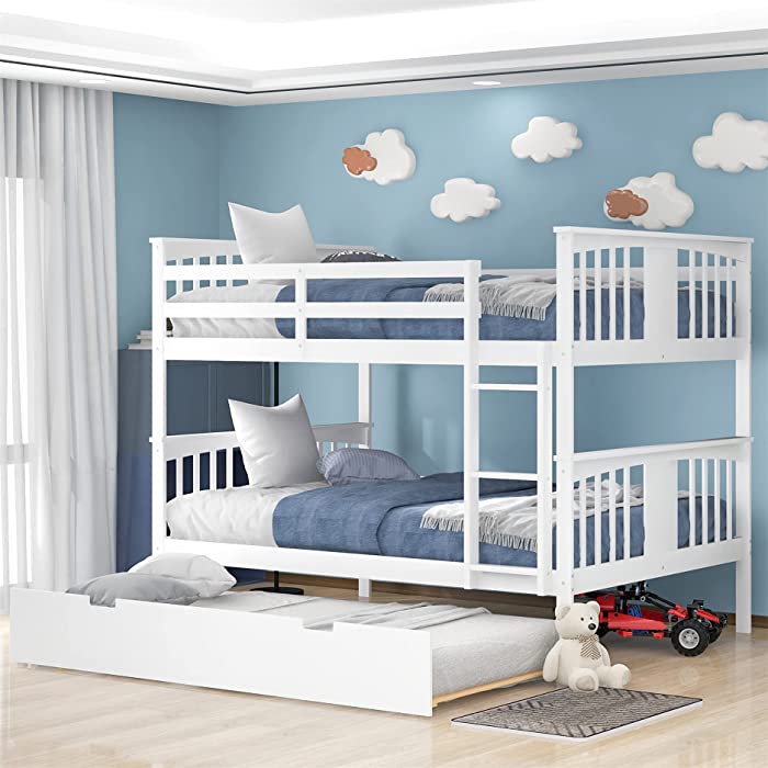 Bunk Bed Full Over Full, Wood Bunk Bed with Twin Size Trundle Bed and Ladder, Space Saving Design Bedroom Furniture (White)