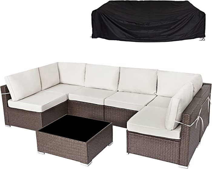 SUNVIVI OUTDOOR 7 Piece Patio Furniture Sets, All Weather Brown PE Wicker Furniture Set, Patio Sectional, Outdoor Conversation Set with Removable Velcros Seat Cushions, Furniture Cover