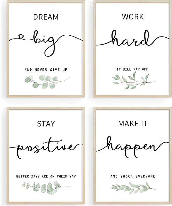 Inspirational Wall Art Office Decor, Motivational UNFRAMED Wall Art Prints for Bedroom | Living Room | Office | Classroom, Black and White Daily Positive Affirmations Poster for Women Men Kids, Set of 4, 8"x10"