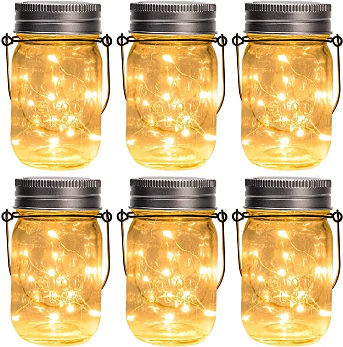 GIGALUMI Hanging Solar Mason Jar Lights, 6 Pack 30 Led String Fairy lights Solar Lanterns Table Lights, 6 Hangers and Jars included. Great Outdoor Lawn Decor for Patio Garden, Yard and Christmas Decor