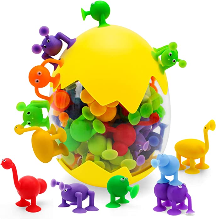 Suction Toys Baby Bath Toy Set-45 Pcs Kids Squigz Suction Cup Toys,Bathtub Silicone Building Blocks, Stress Release Toys,Toddler Travel Toys for 3 4 5 6 7 8 Year Old Boy Girl (Yellow)