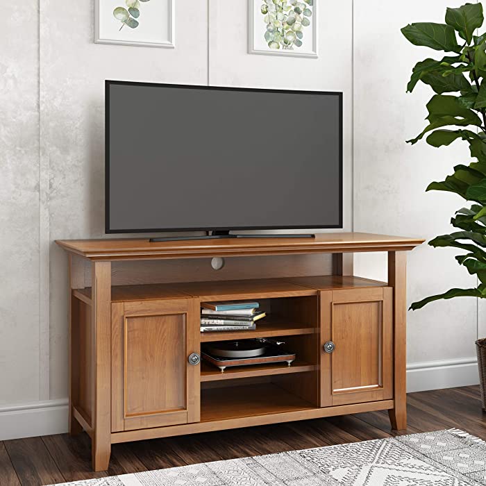 SIMPLIHOME Amherst SOLID WOOD Universal TV Media Stand, 54 inch Wide Living Room Entertainment Center, Storage Cabinet and Shelves, for Flat Screen TVs up to 60 inches in Light Golden Brown