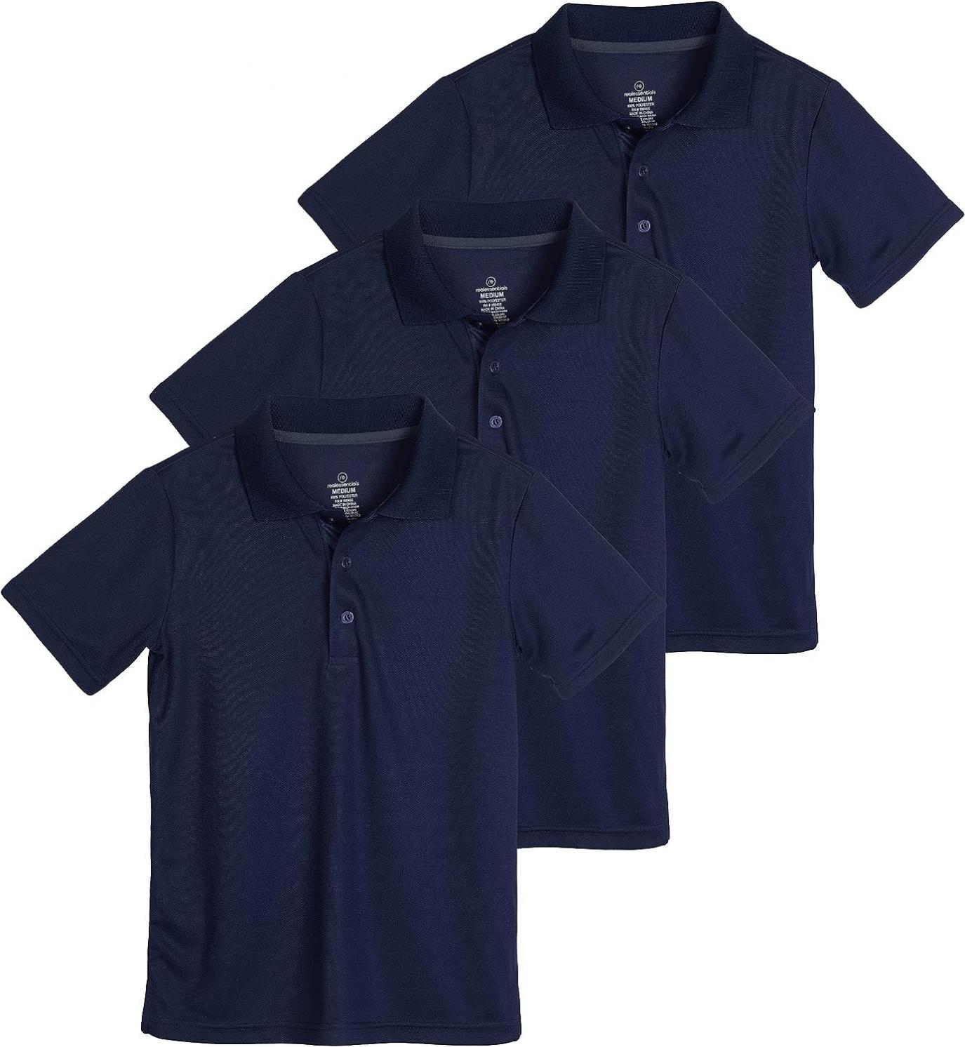 Real Essentials 3 Pack: Boy's Short Sleeve Polo Shirt - School Uniform Active Performance Golf (Ages 4-16)