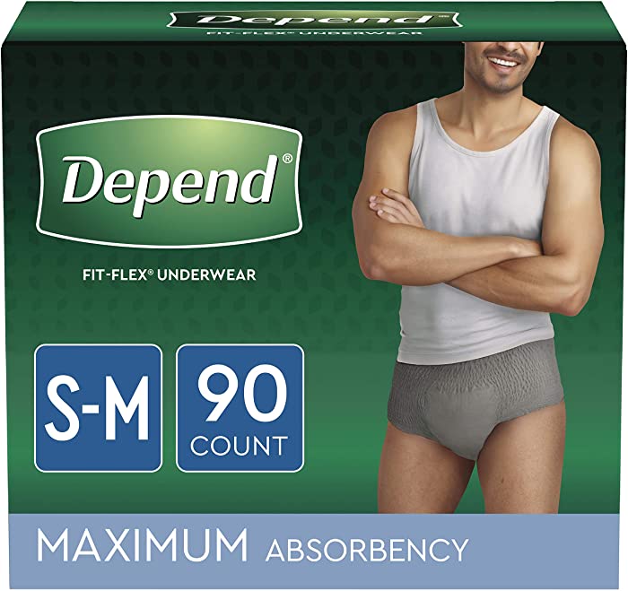 Depend FIT-FLEX Incontinence Underwear for Men, Maximum Absorbency, Disposable, S/M, Grey, (Packaging May Vary), 30 Count (Pack of 3)