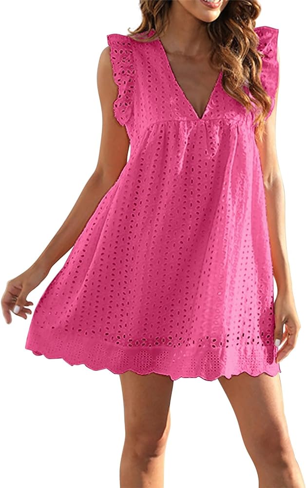 Sundresses for Women 2024 Casual Sleeveless V Neck Ruffle Beach Vacation Sundresses Plus Size Cute Flowy Mini Dress