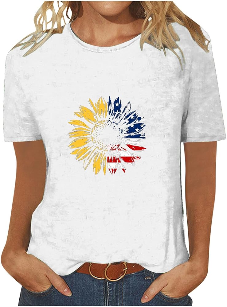 Women 4th of July Tops Crewneck American Flag Patriotic Shirts Plus Size Casual Short Sleeve Summer Trendy Tops