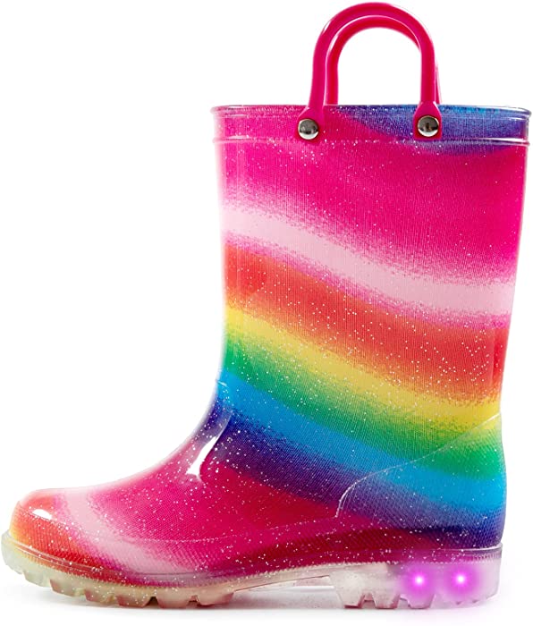 K KomForme Toddler Light Up Rain Boots Patterns and Glitter Rain Boots for Girls Boys with Handles