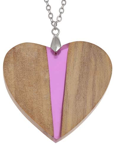 Talbot Fashions Tide Jewellery Burr Wood & Pink Resin Love Heart Long Length Necklace Pendant