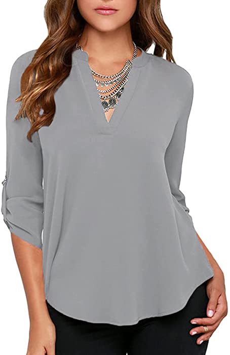 roswear Women's Business Casual V Neck Cuffed Sleeves Chiffon Work Blouse Top