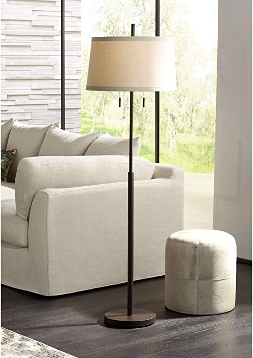 Nayla Modern Contemporary Lamp Floor Standing 62.5" Tall Bronze Steel Slender Column Off White Fabric Tapered Drum Shade Decor for Living Room Reading House Bedroom Home - Possini Euro Design