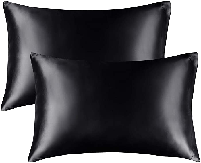 BEDELITE Satin Silk Pillowcase for Hair and Skin, Black Pillow Cases Standard Size Set of 2 Pack Super Soft Pillow Case with Envelope Closure (20x26 Inches)