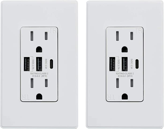 ELEGRP 30W 6.0 Amp 3-Port USB Wall Outlet, 15 Amp Receptacle with USB Type C & Type A Ports, USB Charger for iPhone/iPad/Samsung/LG/HTC/Android Devices, UL Listed, w/ Wall Plate, 2 Pack, Matte White