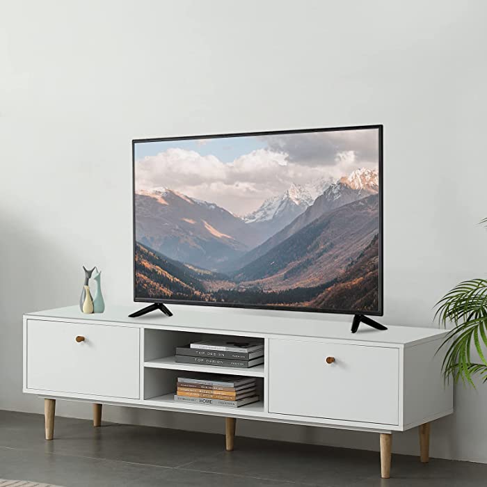 T.F.WONG Modern White TV Stand, TV Console Media Cabinet for 70 Inch TV with 2 Storage and 2 Open Shelves, Home Entertainment Center in White for Home Living Room Furniture Bedroom and Office