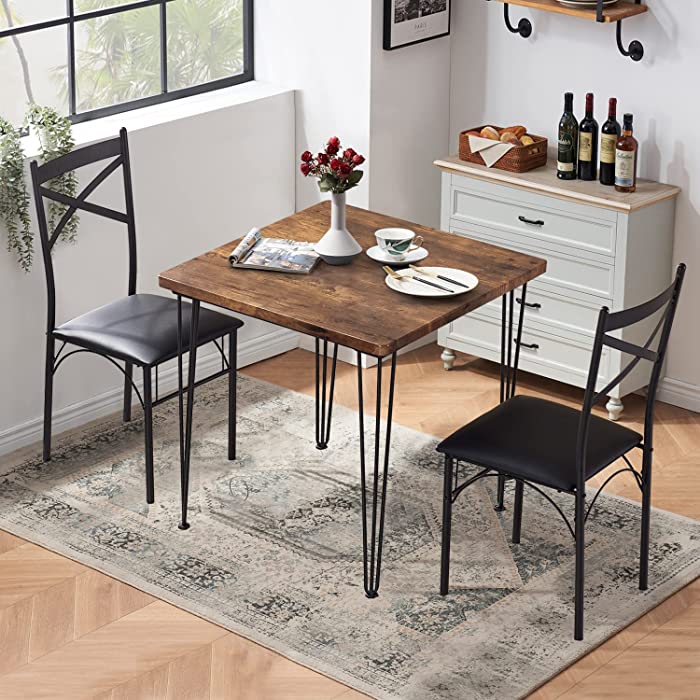 VECELO 3-Piece Dining Room Kitchen Table and Pu Cushion Chair Sets for Small Space, 2, BRN